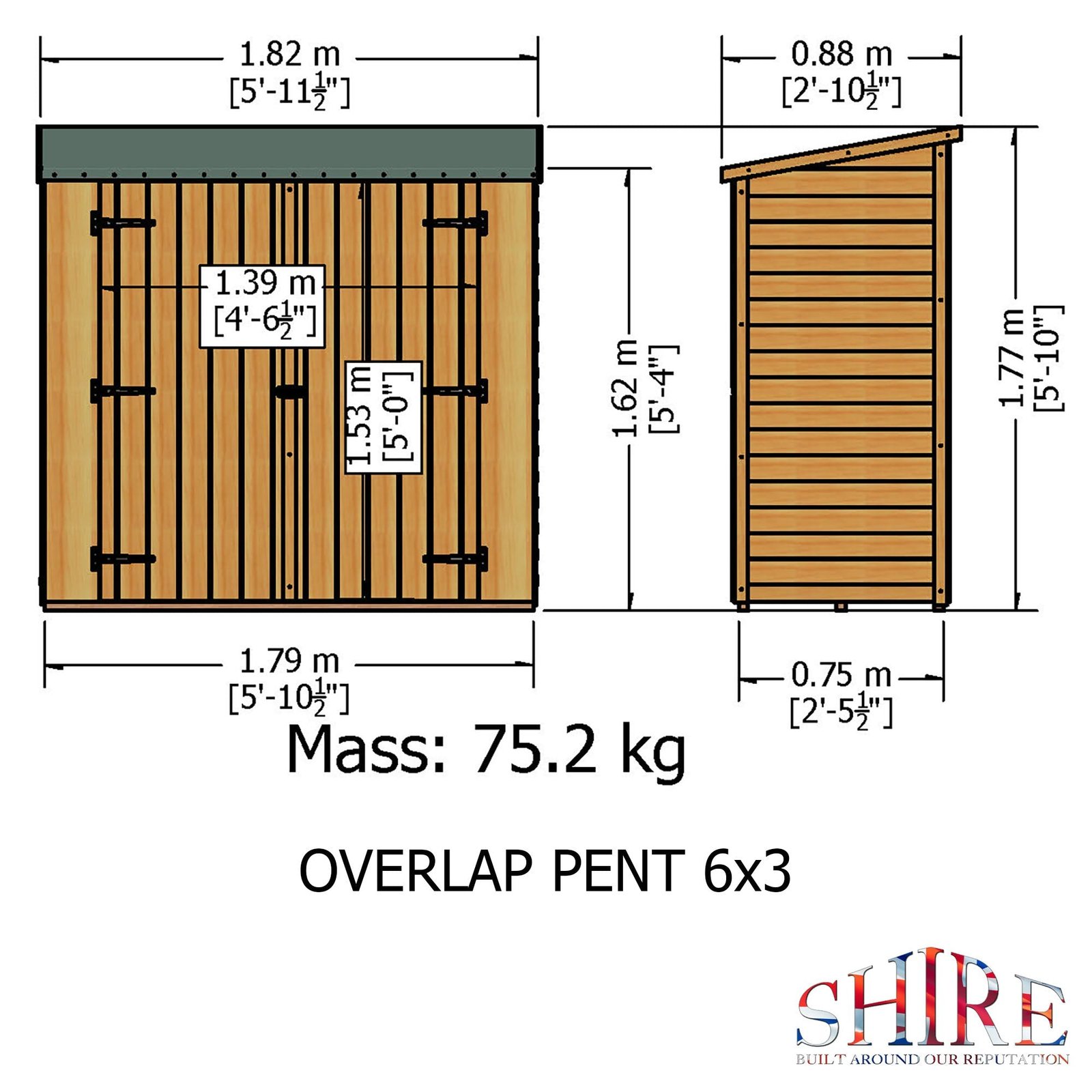 Shire Pent Overlap 3ft x 6ft Shed with Double Doors - Pressure Treated - Image 5