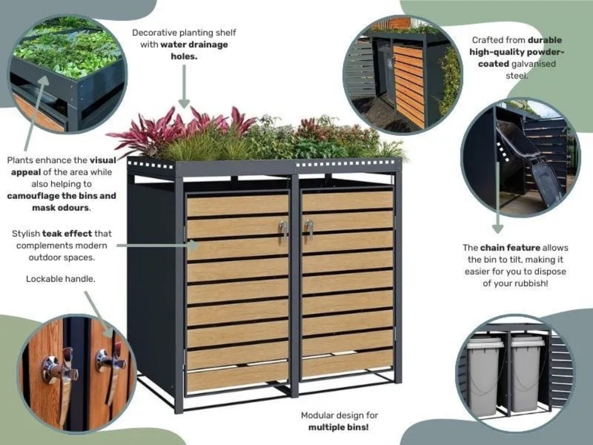 Wood Effect Wheelie Bin Storage With Planter - Triple Bin Store - Image 6