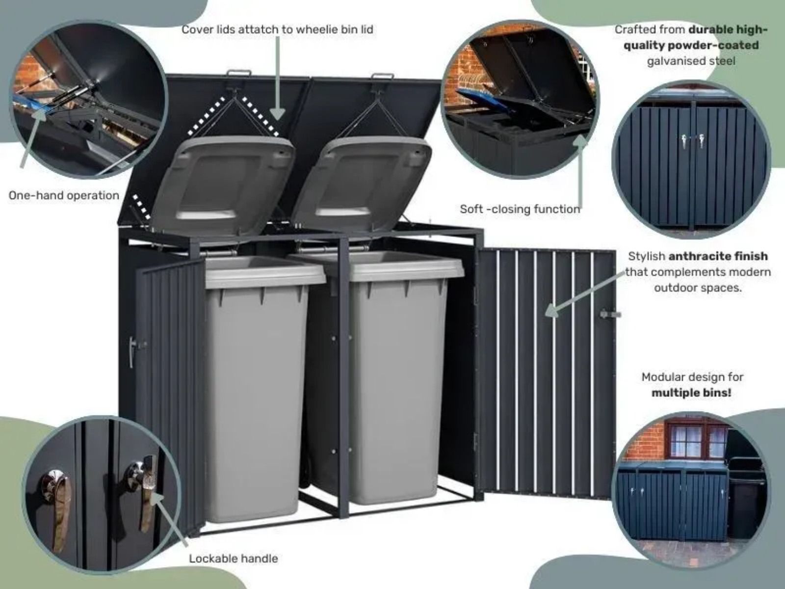Anthracite Grey Solid Panel Wheelie Bin Storage - Triple Bin Store - Image 6