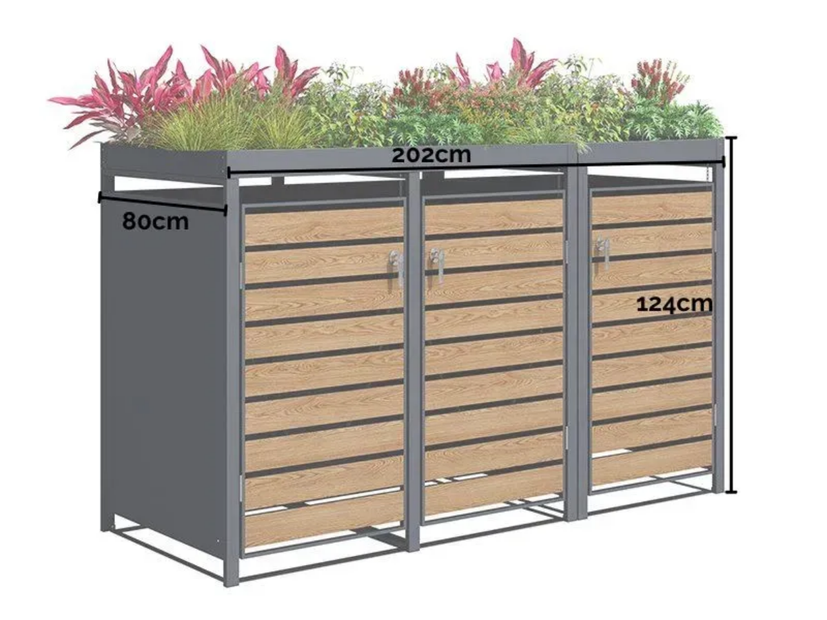 Wood Effect Wheelie Bin Storage With Planter - Triple Bin Store - Image 7
