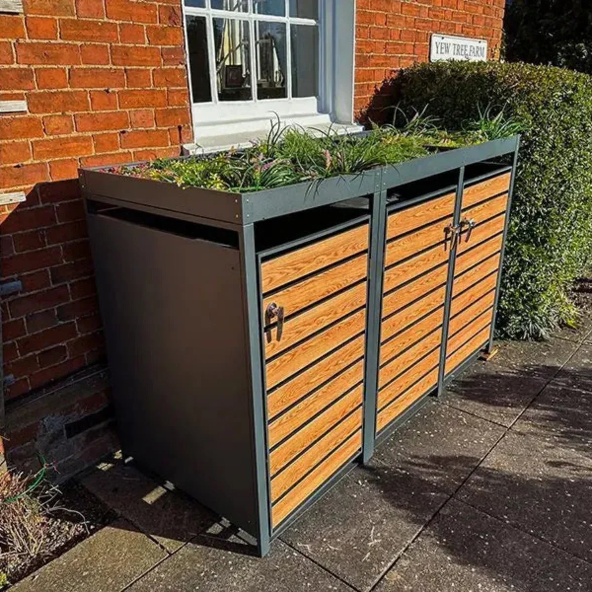 Wood Effect Wheelie Bin Storage With Planter - Triple Bin Store - Image 2